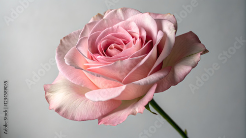 Detailed close-up of a pink rose with creamy white edges, against a light gray background, featuring green leaves on the stem photo