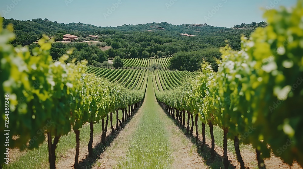 Obraz premium Vineyard rows in countryside with green grass and trees leading towards a house