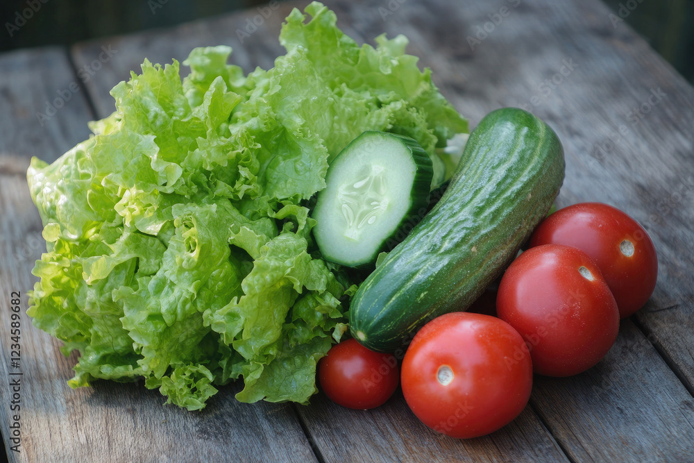 Fresh Vegetables with Lettuce, Cucumber, and Cherry Tomatoes on Rustic Wooden Background