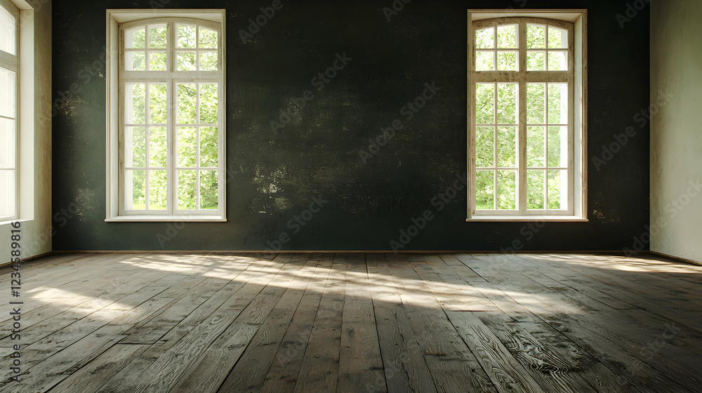 Empty room, sunlight, old wood floor, dark wall, windows Empty room, sunlight, old wood floor, dark wall, windows