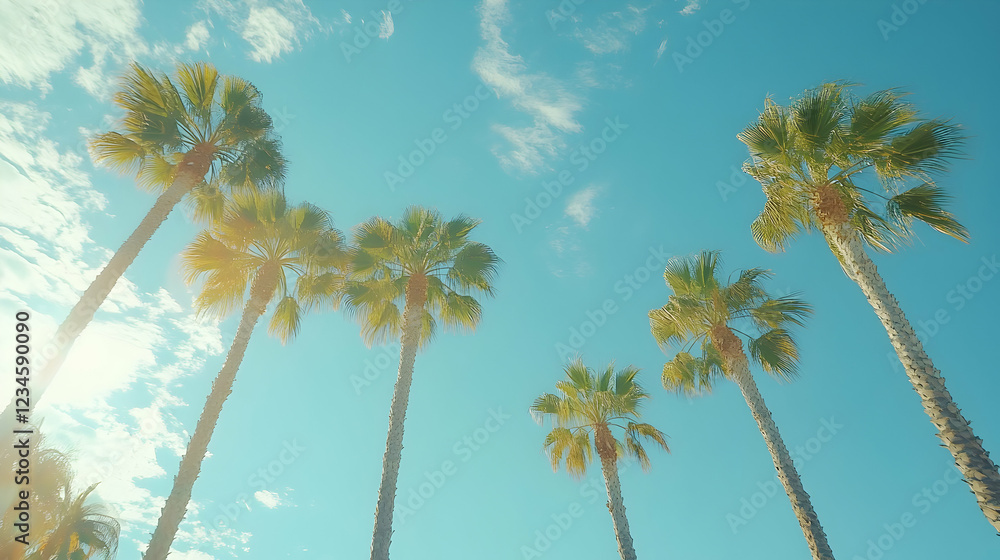 Fototapeta premium Tall palm trees against a clear blue sky on a sunny day
