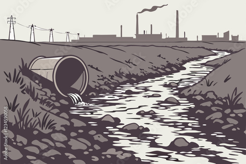  Dark polluted stream, rusty abandoned pipe, industrial wasteland, environmental disaster, murky water, debris, dystopian atmosphere, gritty realism, desaturated colors, high contrast, shallow depth