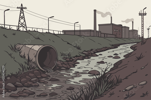  Dark polluted stream, rusty abandoned pipe, industrial wasteland, environmental disaster, murky water, debris, dystopian atmosphere, gritty realism, desaturated colors, high contrast, shallow depth