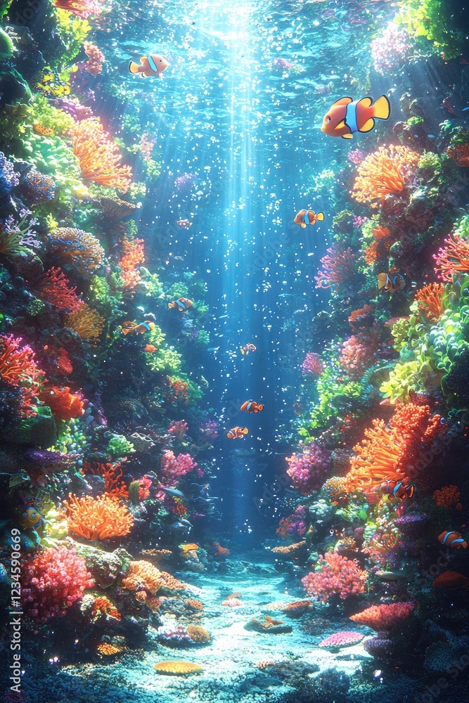 Obraz premium Vibrant Coral Reef Scene With Colorful Fish Swimming
