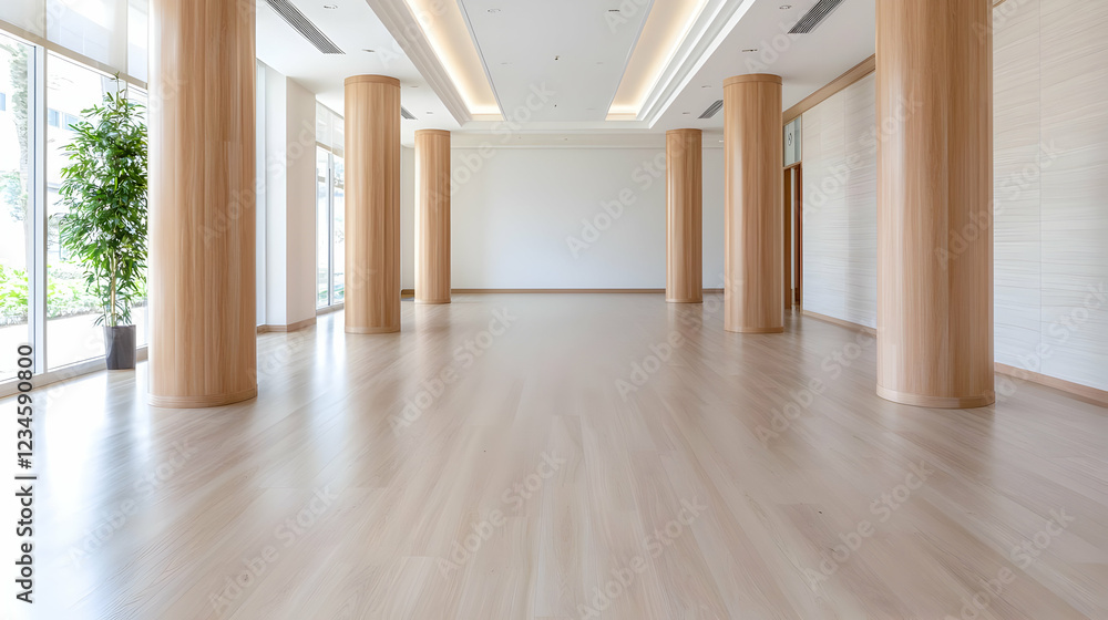 Fototapeta premium Empty modern hall with wooden columns, large windows, and light flooring, ideal for events