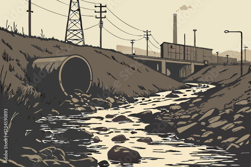  Dark polluted stream, rusty abandoned pipe, industrial wasteland, environmental disaster, murky water, debris, dystopian atmosphere, gritty realism, desaturated colors, high contrast, shallow depth