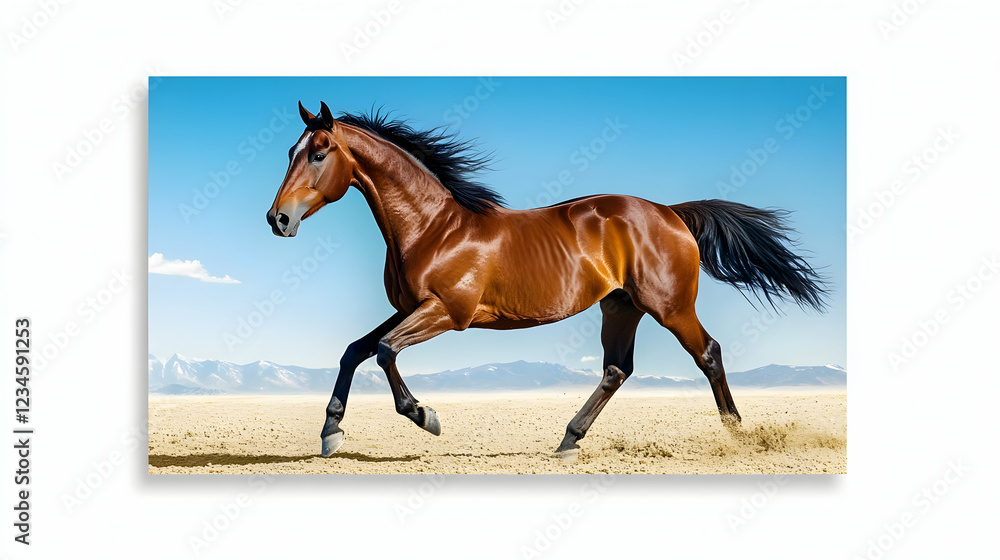 Chestnut horse galloping across desert, mountains background; nature, animal, equestrian, freedom, poster Chestnut horse galloping across desert, mountains background; nature, animal, equestrian, freedom, poster