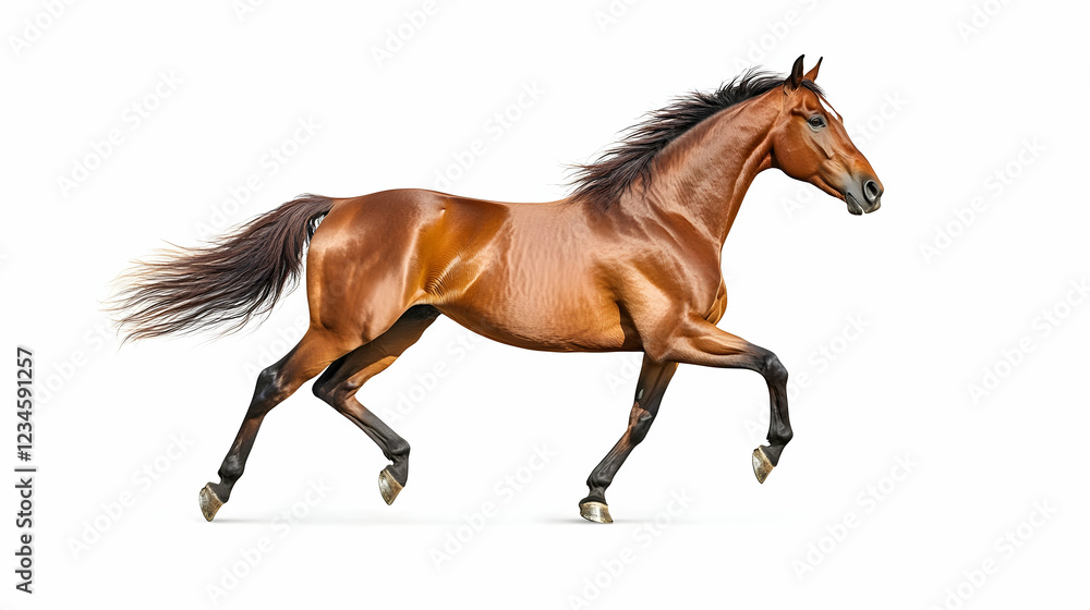 Fototapeta premium Chestnut horse galloping, isolated on white, equine elegance, perfect for equestrian websites