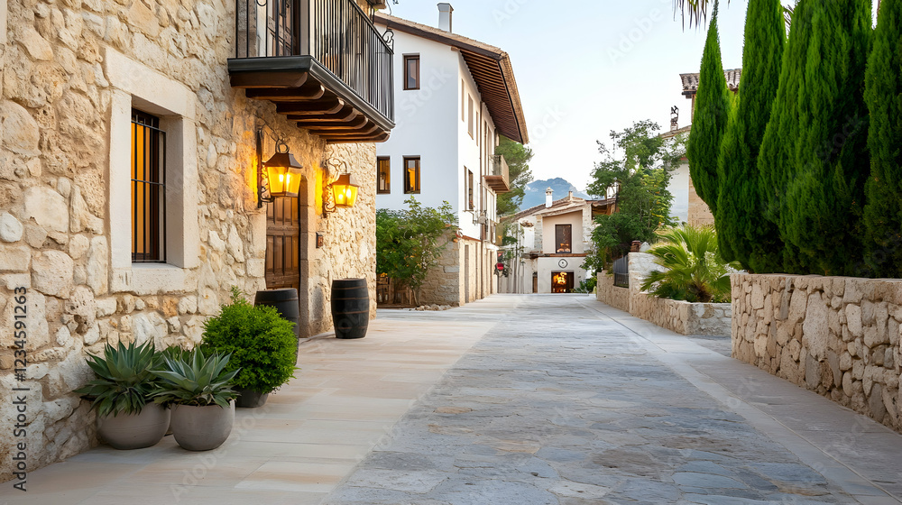 Fototapeta premium Charming stone street, Mediterranean village, sunset, quiet atmosphere, travel tourism