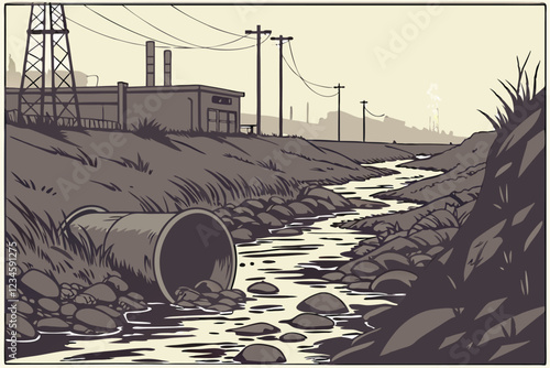  Dark polluted stream, rusty abandoned pipe, industrial wasteland, environmental disaster, murky water, debris, dystopian atmosphere, gritty realism, desaturated colors, high contrast, shallow depth