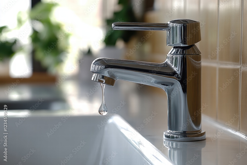 Dripping faucet reveals the last drop of water in a modern kitchen setting Dripping faucet reveals the last drop of water in a modern kitchen setting