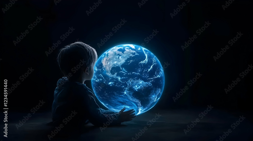 Child gazing at glowing Earth globe in dark room; global future concept Child gazing at glowing Earth globe in dark room; global future concept