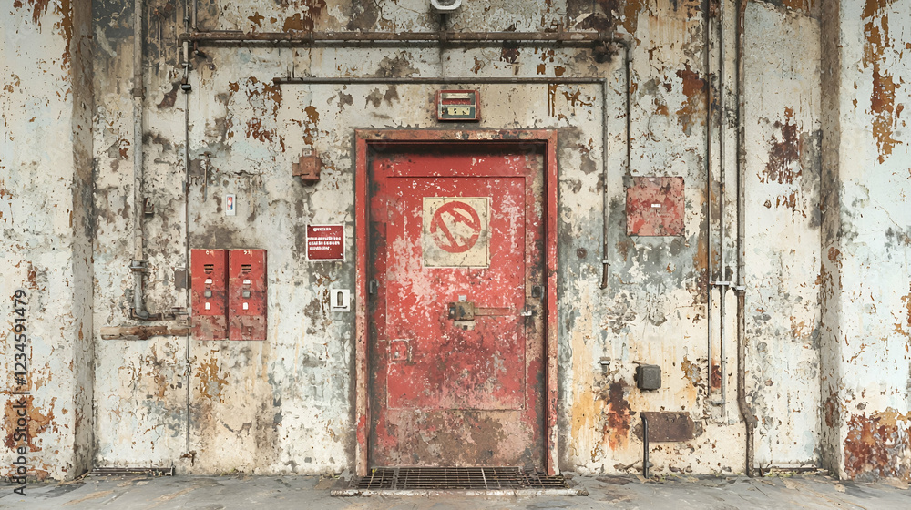 Rusty red door in weathered industrial building Rusty red door in weathered industrial building