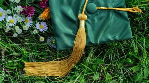 Green graduation cap with golden tassel, lying on grass next to wildflowers.