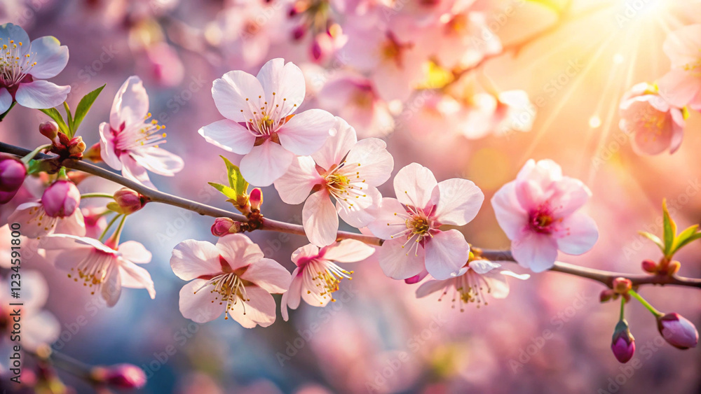 Cherry blossom branch in sunlight with soft pink petals, AI Generation Cherry blossom branch in sunlight with soft pink petals, AI Generation