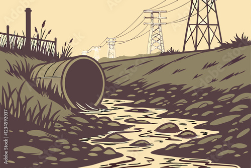  Dark polluted stream, rusty abandoned pipe, industrial wasteland, environmental disaster, murky water, debris, dystopian atmosphere, gritty realism, desaturated colors, high contrast, shallow depth
