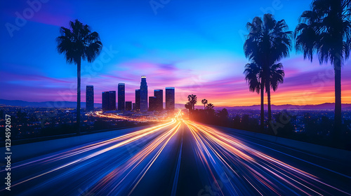 Cityscape sunrise, highway light trails, palm trees, Los Angeles