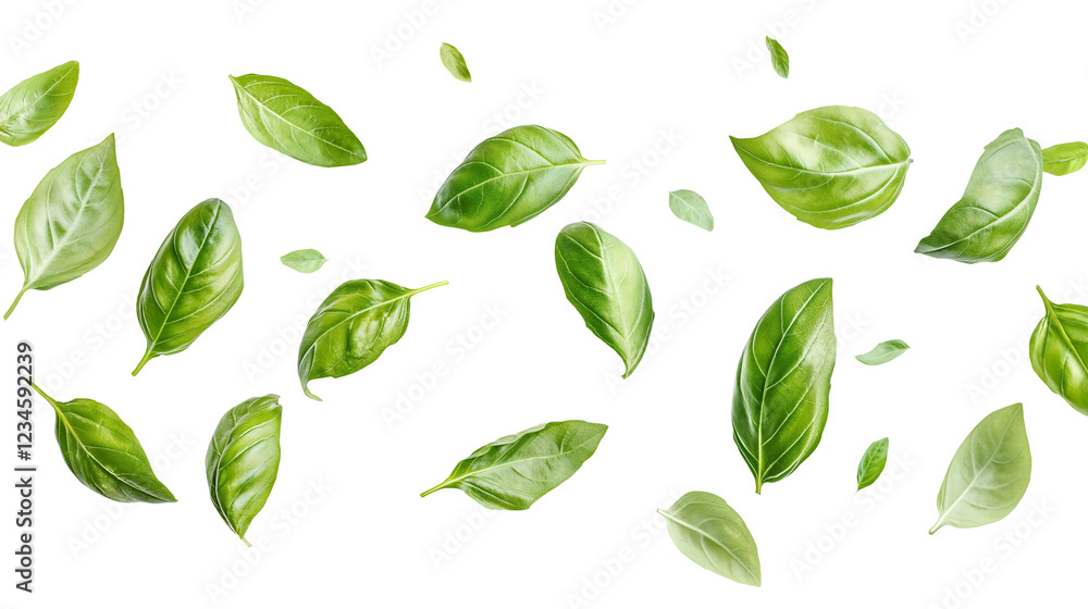 Naklejka premium Flying or falling fresh basil leaves on transparent PNG or white background. seasoning herb leaves, cooking spices.