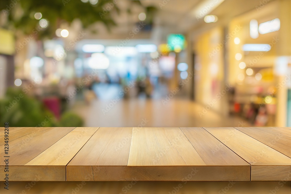 Empty Wooden Tabletop with Blurred Supermarket Aisles – Perfect for Product Display and Mockups Empty Wooden Tabletop with Blurred Supermarket Aisles – Perfect for Product Display and Mockups