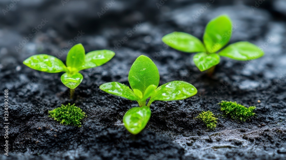 Naklejka premium Fresh Green Seedlings Growing on Dark Stones with Texture and Moisture