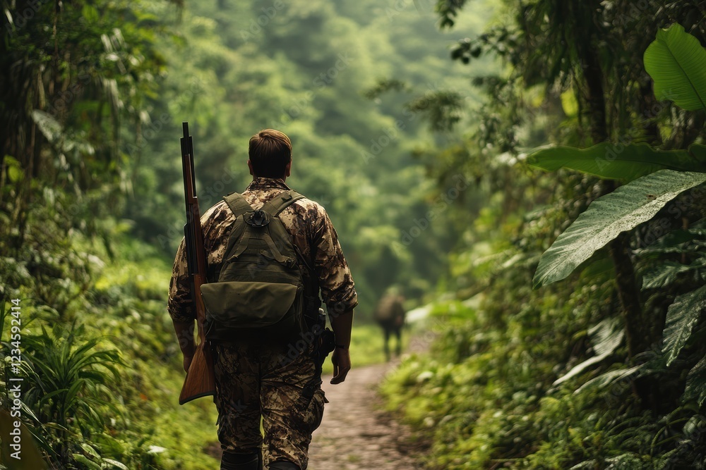 Hunter in camouflage walking through dense forest carrying rifle at dusk Hunter in camouflage walking through dense forest carrying rifle at dusk