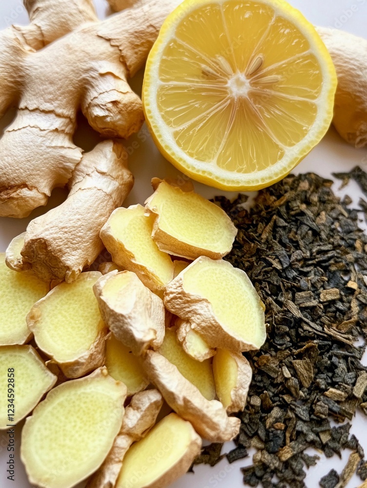 Fresh ginger root and lemon slices alongside green tea leaves on a white surface. Generative AI Fresh ginger root and lemon slices alongside green tea leaves on a white surface. Generative AI