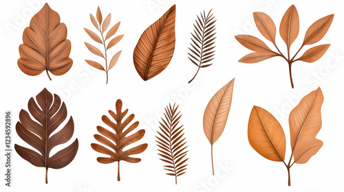 Collection of autumn leaves, various shapes and shades of brown, isolated on white background, perfect for design elements