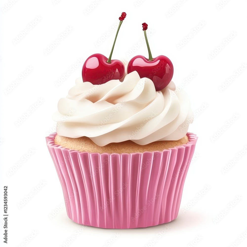 Delicious Cherry Topped Cupcake with Creamy Frosting and Pink Wrapper Delicious Cherry Topped Cupcake with Creamy Frosting and Pink Wrapper