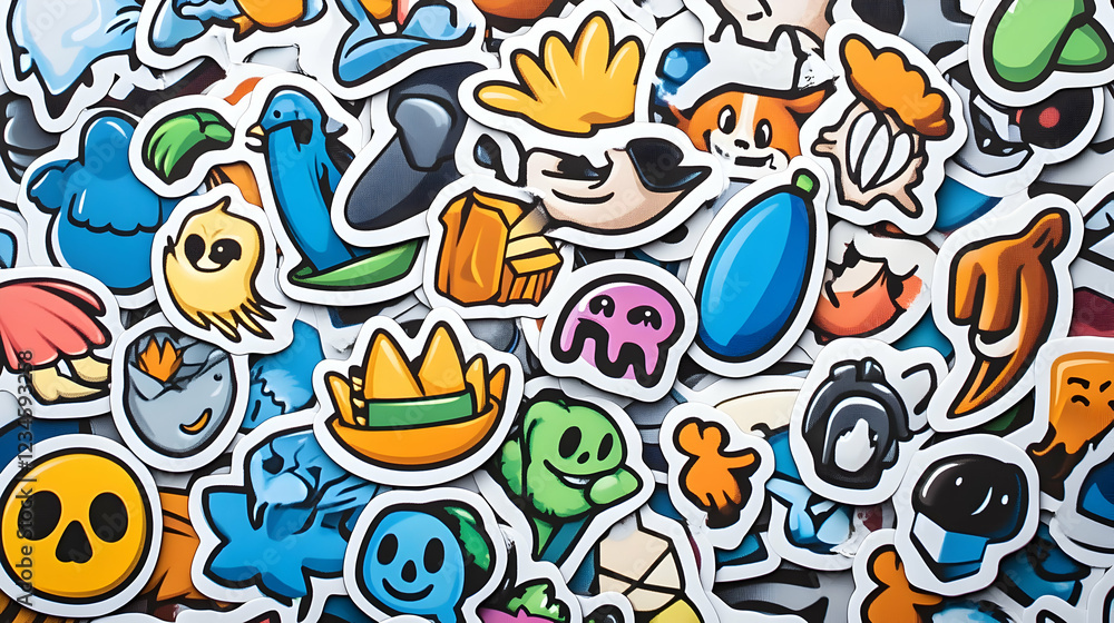 Obraz premium Colorful cartoon stickers collection; flat lay background; diverse characters; ideal for social media or website design