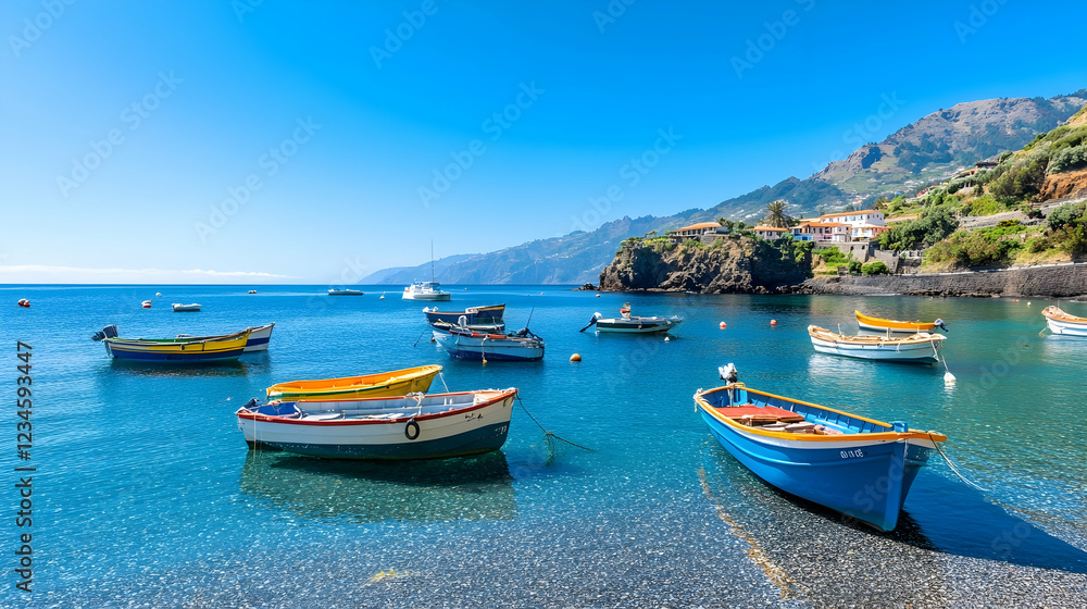 Colorful fishing boats at calm beach cove, sunlit mountains backdrop; idyllic travel postcard Colorful fishing boats at calm beach cove, sunlit mountains backdrop; idyllic travel postcard