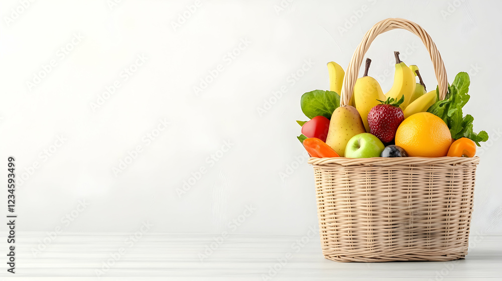 Colorful fruit and vegetable basket on white background, healthy eating concept, website banner Colorful fruit and vegetable basket on white background, healthy eating concept, website banner
