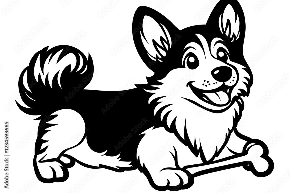 Fototapeta premium Happy Corgi puppy playing with bone, white background, pet illustration