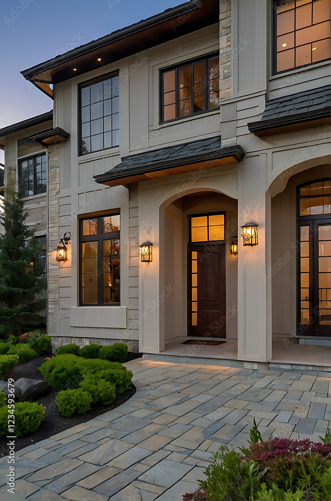 Obraz premium Luxury Home Exterior at Dusk: Modern Architectural Design and Landscaping