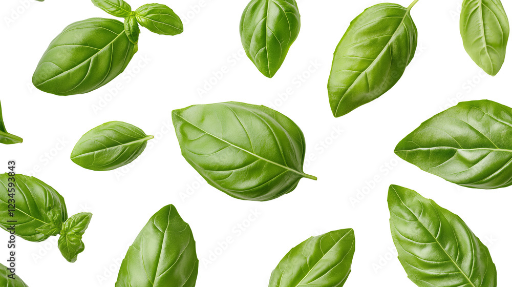 Fototapeta premium Flying or falling fresh basil leaves on transparent PNG or white background. seasoning herb leaves, cooking spices.