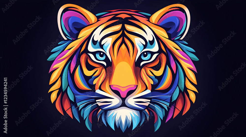 Fototapeta premium Colorful tiger head portrait, vibrant art, dark background, nature theme, for print or web design