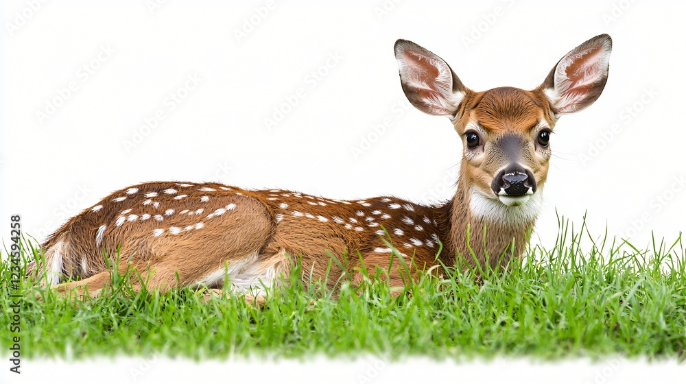 Fawn Relaxing On Grass Field A Cute Deer With White Spots On A Clear Plain Background. Fawn Relaxing On Grass Field A Cute Deer With White Spots On A Clear Plain Background.
