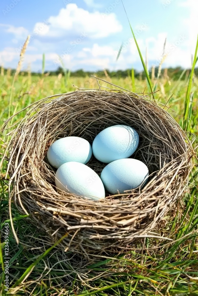 Nest with Four Light Blue Eggs in Green Grass Under Clear Sky Nest with Four Light Blue Eggs in Green Grass Under Clear Sky