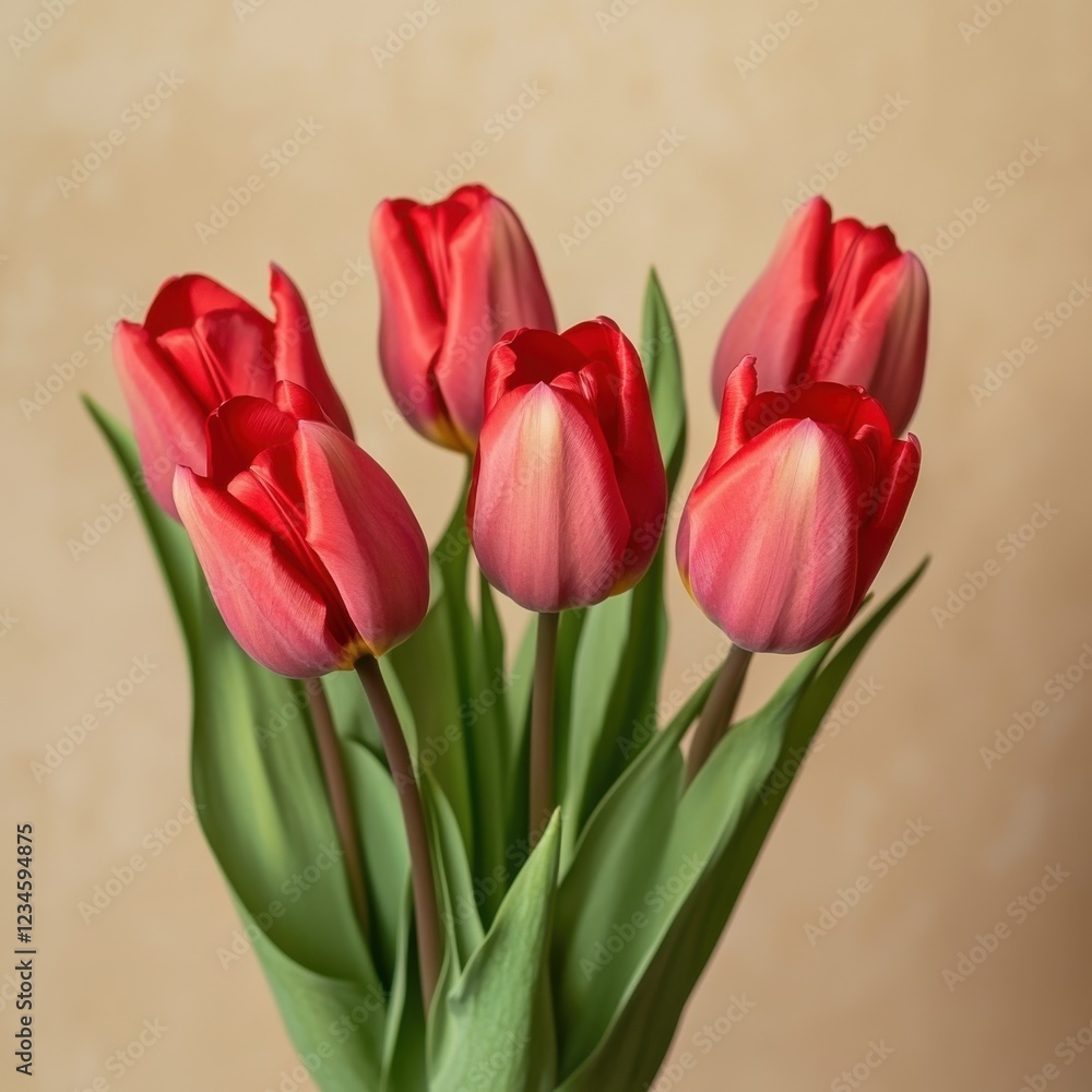 Fototapeta premium Beautiful bouquet of red tulips arranged gracefully in a simple vase against a soft, neutral background