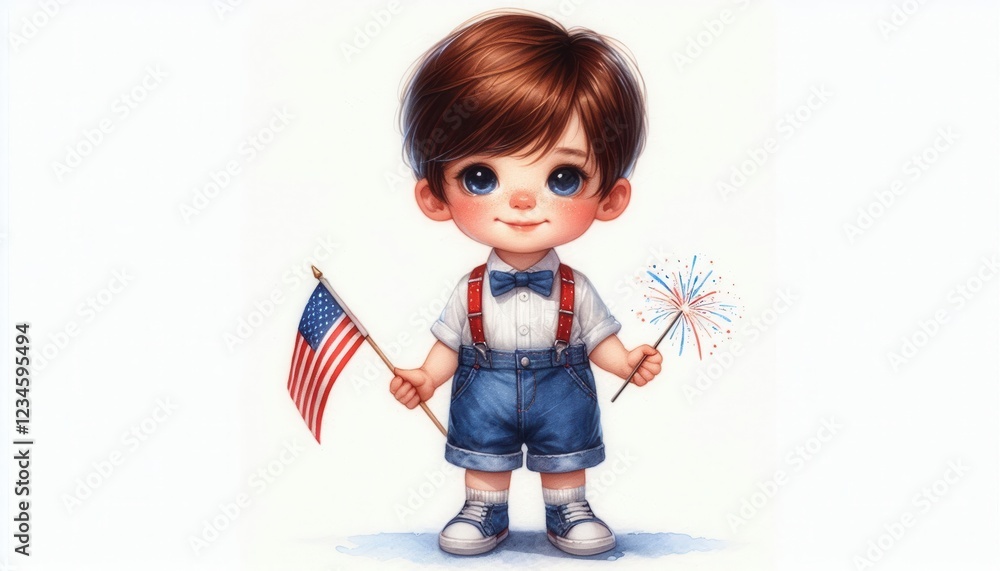 Celebrating independence day with a young boy holding flags and fireworks usa illustration