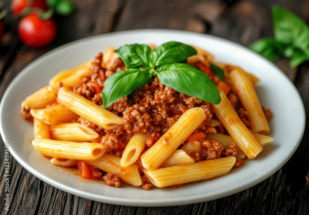 Delicious Penne Pasta with Meat Sauce and Fresh Basil Garnish Delicious Penne Pasta with Meat Sauce and Fresh Basil Garnish