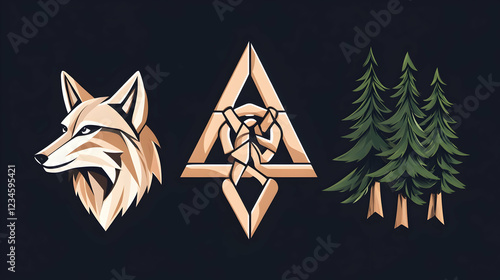 Coyote, Celtic knot, pine trees; wilderness, nature, logo design photo