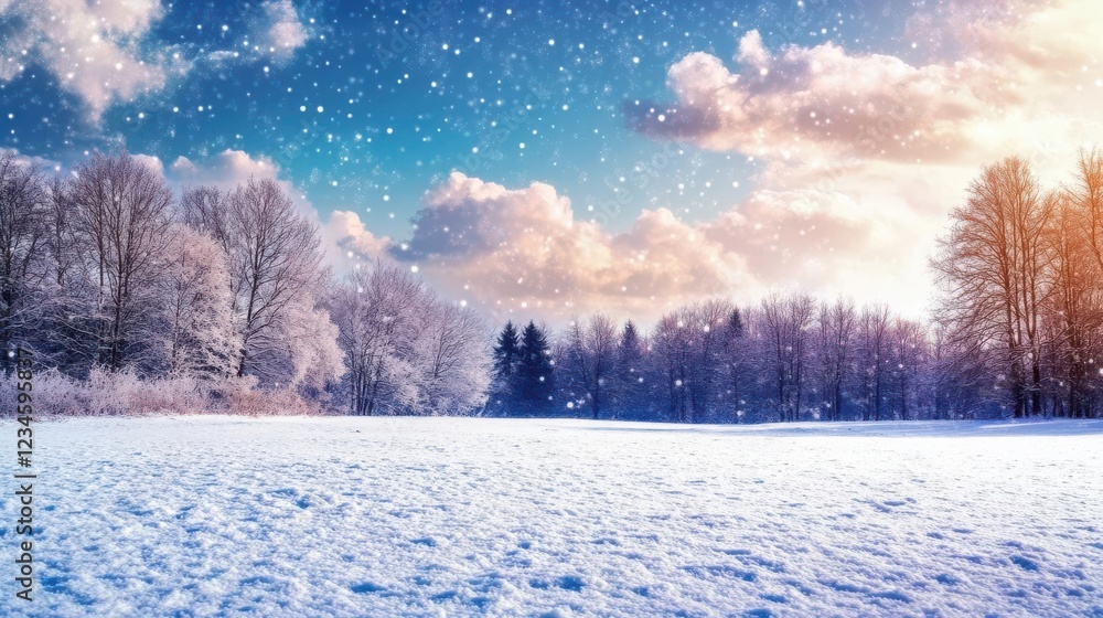 A wonderful winter scene with trees covered in snow and falling snowflakes, creating an enchanting and serene scene A wonderful winter scene with trees covered in snow and falling snowflakes, creating an enchanting and serene scene