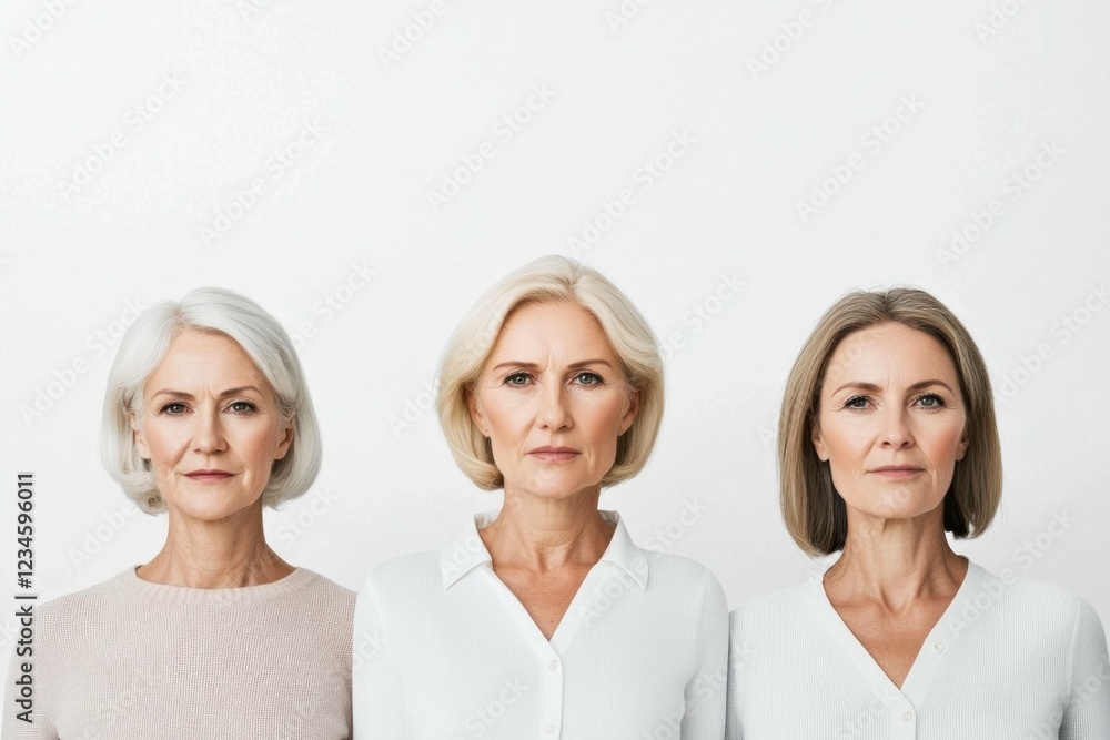 Three confident mature women with stylish hairstyles in a minimalist studio, showcasing diversity and beauty, ideal for themes of empowerment and aging gracefully Three confident mature women with stylish hairstyles in a minimalist studio, showcasing diversity and beauty, ideal for themes of empowerment and aging gracefully