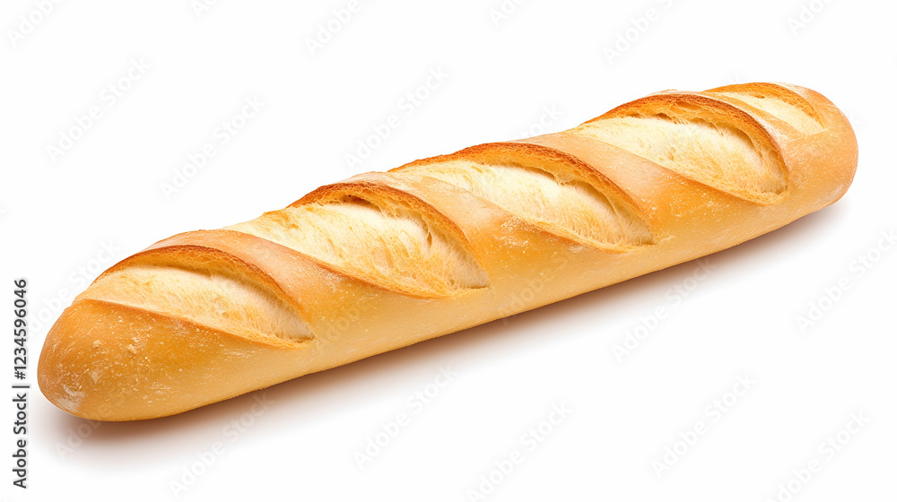 Crusty baguette loaf, freshly baked, on white background, for bakery website or recipe book