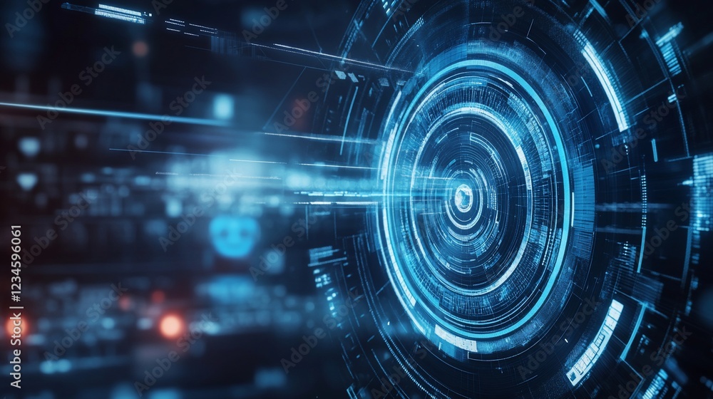 Obraz premium Abstract glowing blue circle with data streams and digital information flow