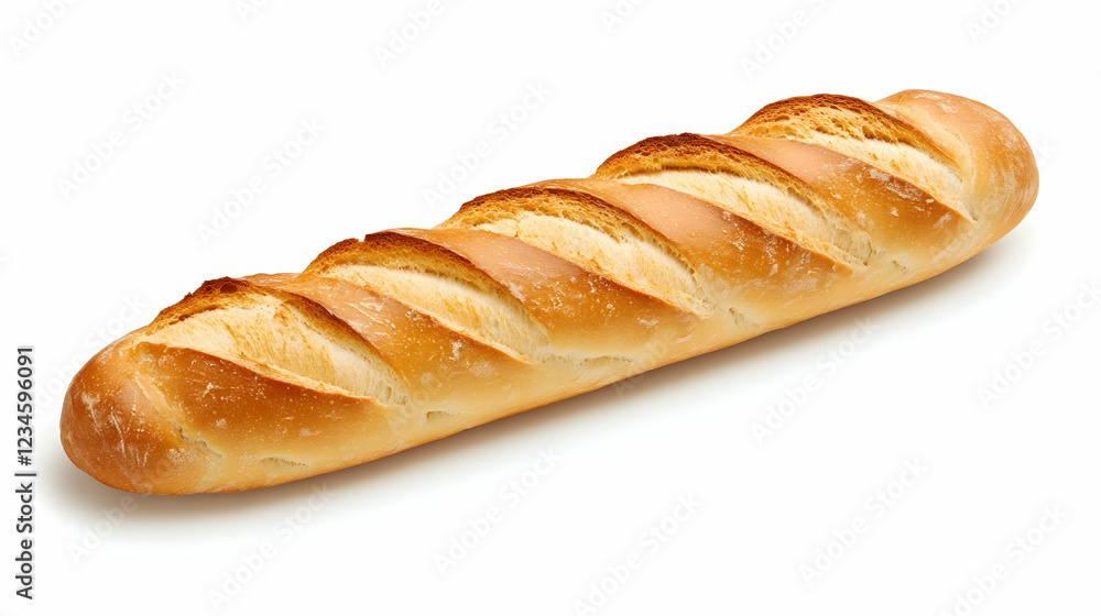 Crusty baguette on white background; perfect for baking recipes, food blogs, or restaurant menus Crusty baguette on white background; perfect for baking recipes, food blogs, or restaurant menus