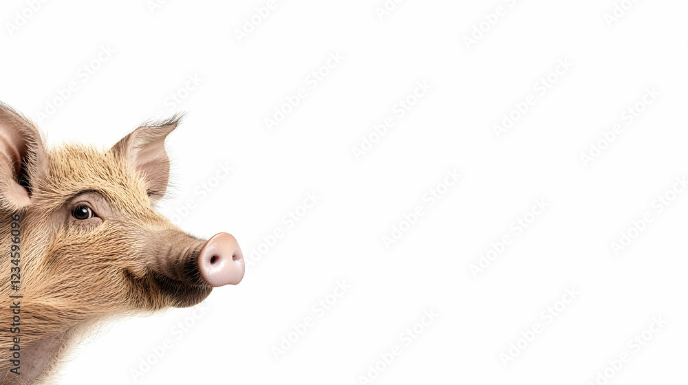 Obraz premium Curious piglet portrait, white background, farm animal, copy space, agriculture