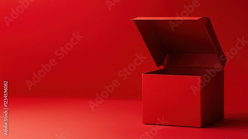 A bright red box with an open lid set on a matching red background creates an eye-catching visual effect showcasing minimalism and color contrast