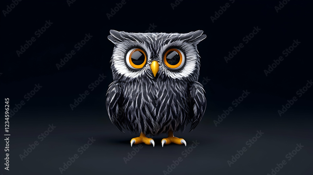 Fototapeta premium Cute cartoon owl on dark background, children's book illustration