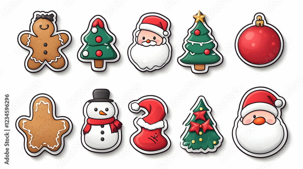 Fototapeta premium Cute Christmas icons Santa, tree, gingerbread, snowman; festive holiday design for cards, websites